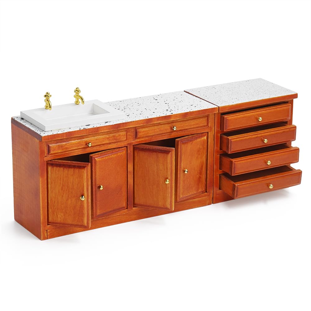Odoria Dollhouse Kitchen Island Miniature : 1/12 Scale Table with Washbasin Drawer for Restaurant Bathroom Antique - Mini Wood Furniture Brown 2Pcs