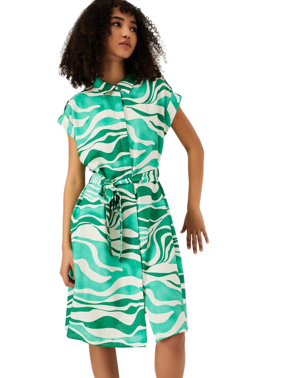 Women's Half Sleeves Spread Collar Cotton Printed A-line Dress-image-9