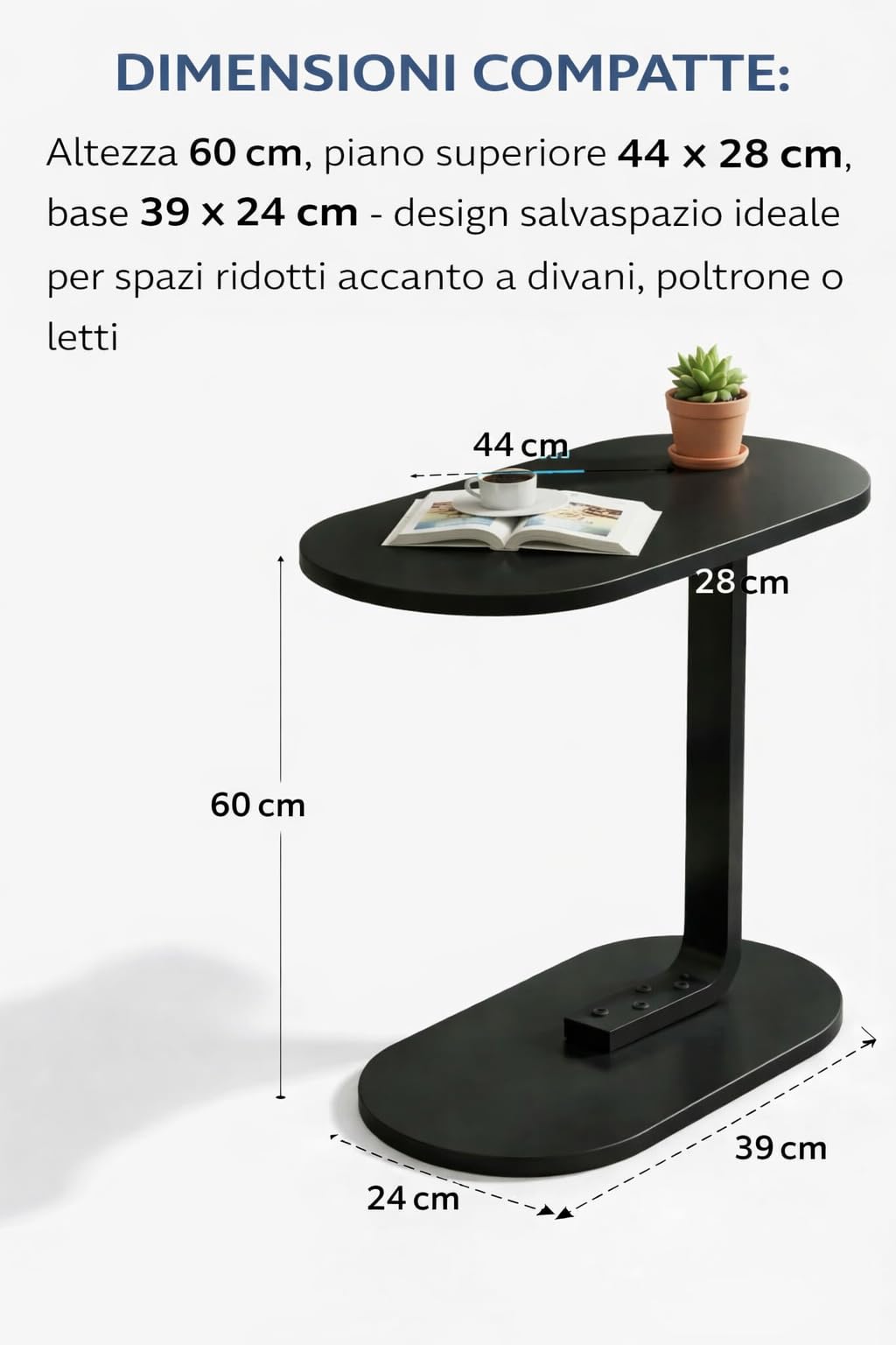 Generico bdit accessori Tavolino Laterale Moderno in Legno e Metallo, Salvaspazio 60 cm, Piano Ovale 44x28 cm, Base 40x23 cm, Comodino Minimal per Soggiorno e Camera da Letto (nero)