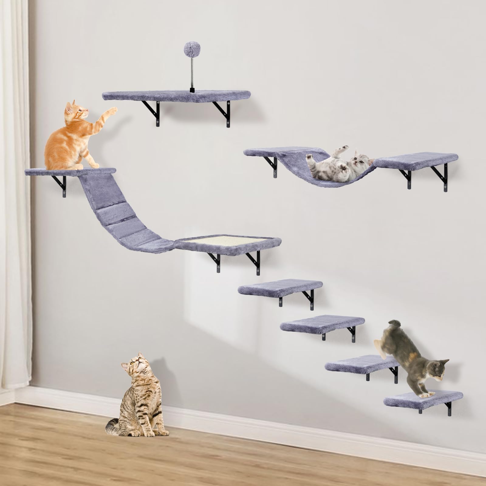 WallMounted Cat Climber Set with Climbing Shelves, Perches, Bridge,Hammock