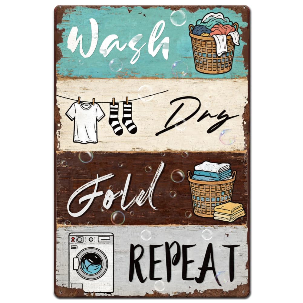 SUPERDANT Laundry Room Metal Signs Wash Dry Fold Repeat Tin Signs Wall Art Laundry Funny Pre-Drilled Metal Sign for Apartment Office Dorm Indoor Outdoor Decor Gift 30x20cm