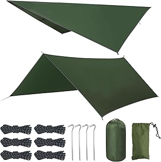 ATPWONZ Tent Tarp Waterproof Tent Cover, 3m x 3m Tent Awning Camping Tarp with 6 Aluminum Tent Stakes and 6 Guy Lines for Camping Travel Outdoor