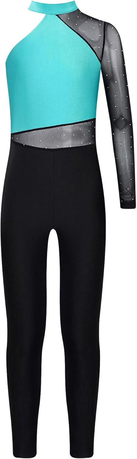 Girls Rhinestones Figure Skating Unitard One Shoulder Long Sleeve Dance Leotard One Piece Gymnastics Jumpsuit