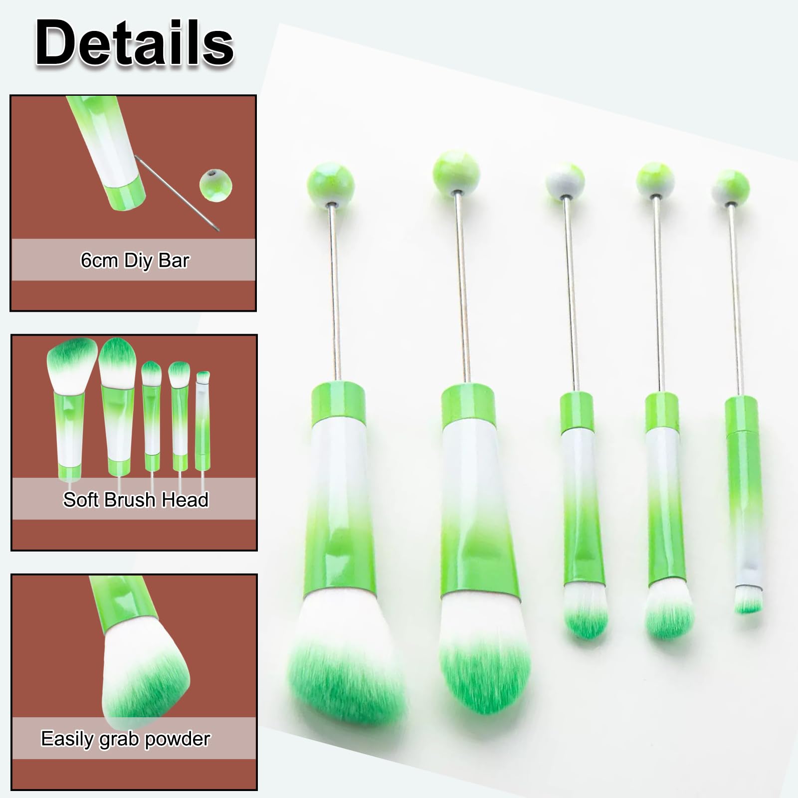 10 pennelli da trucco con perline fai da te, pennelli per trucco fai da te, kit di pennelli per ombretto, perline (10 pezzi = 2 set), colore: verde Tiedye