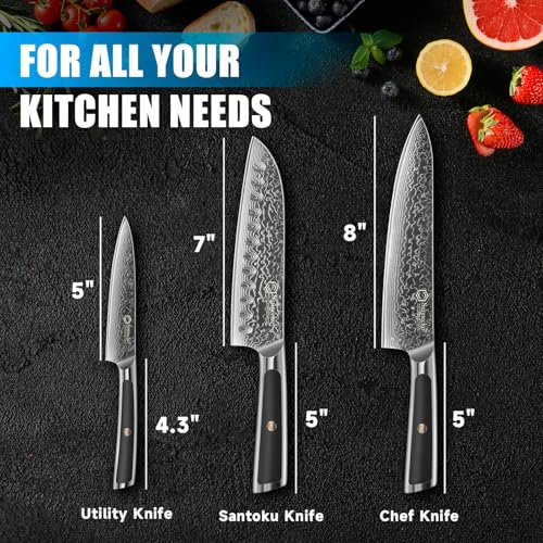 Image of Sunnecko Damascus Kitchen Knife Set 3 Piece, Sharp Chef Knife Set Professional Kitchen Knives Sets Full Tang with Gift Box