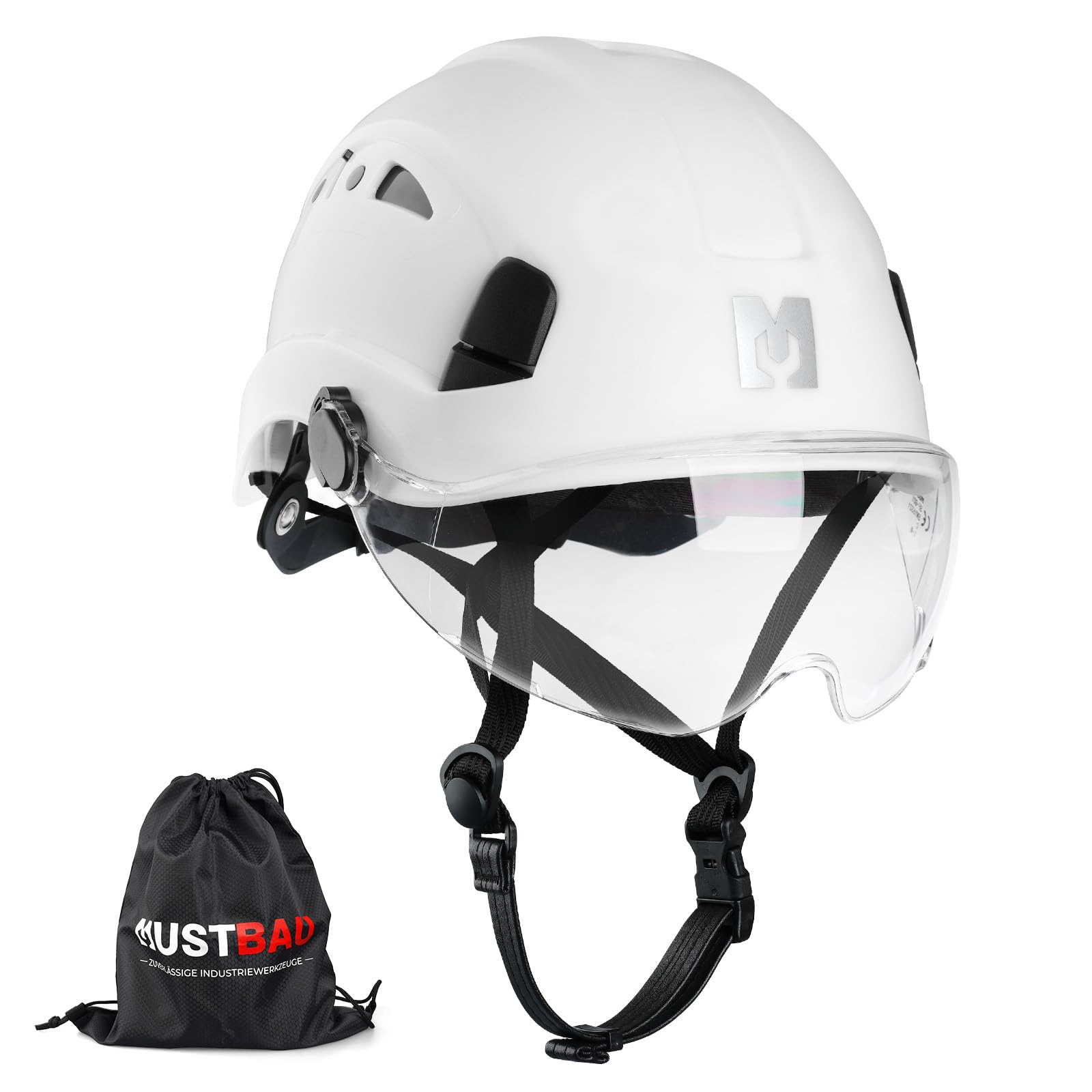 Kletterhelme Bauhelm mit Visier, EN12492, ABS Baustellenhelm, abnehmbares Schweißband, reflektierende Aufkleber Arbeitshelm für Forst, BAU und Kletterarbeiten
