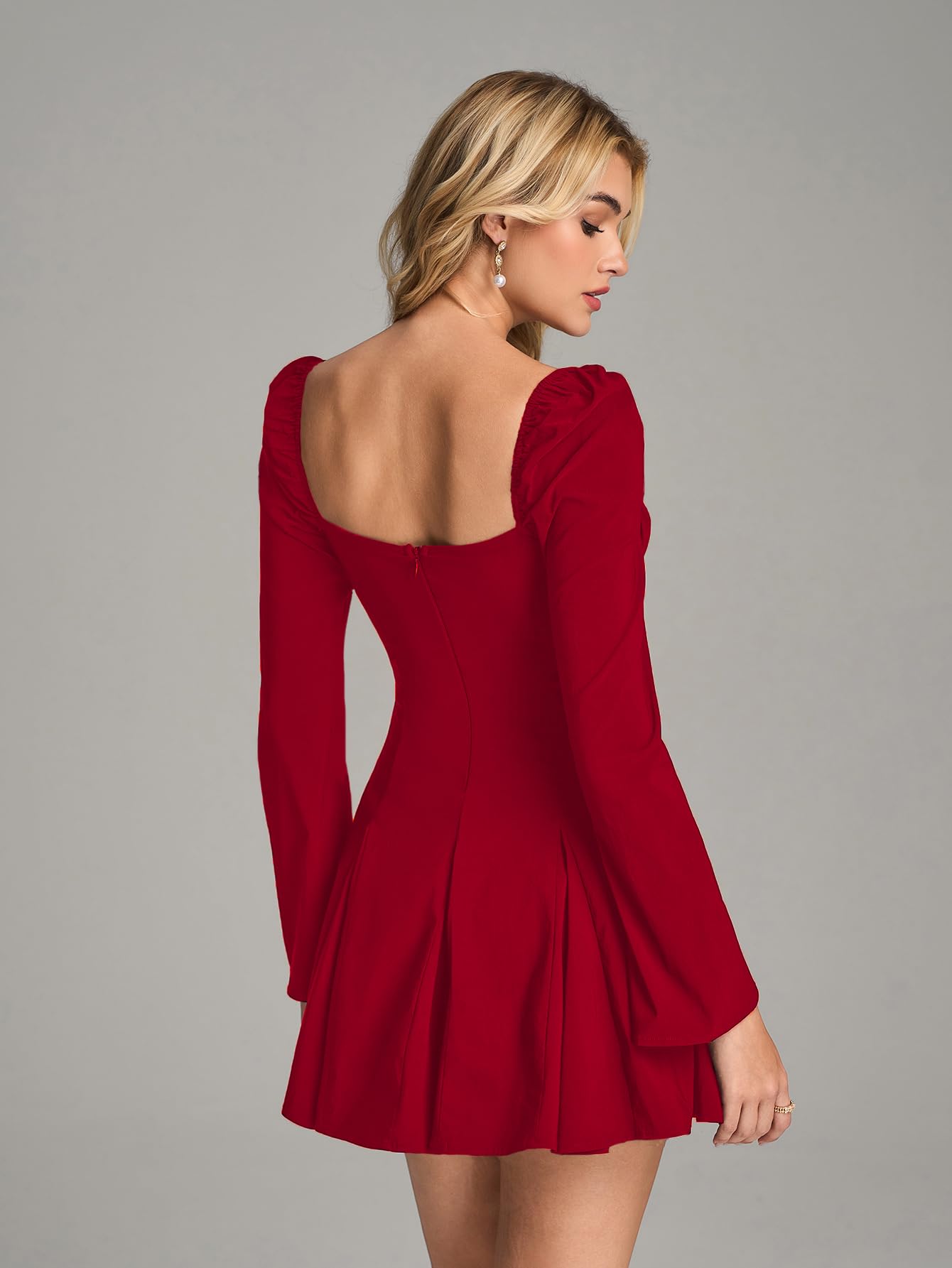 EYNMIN Long Sleeve Mini Dress Lace Sweetheart Neckline Flowy A Line Short Going Out Dresses for Women: Red X-Large