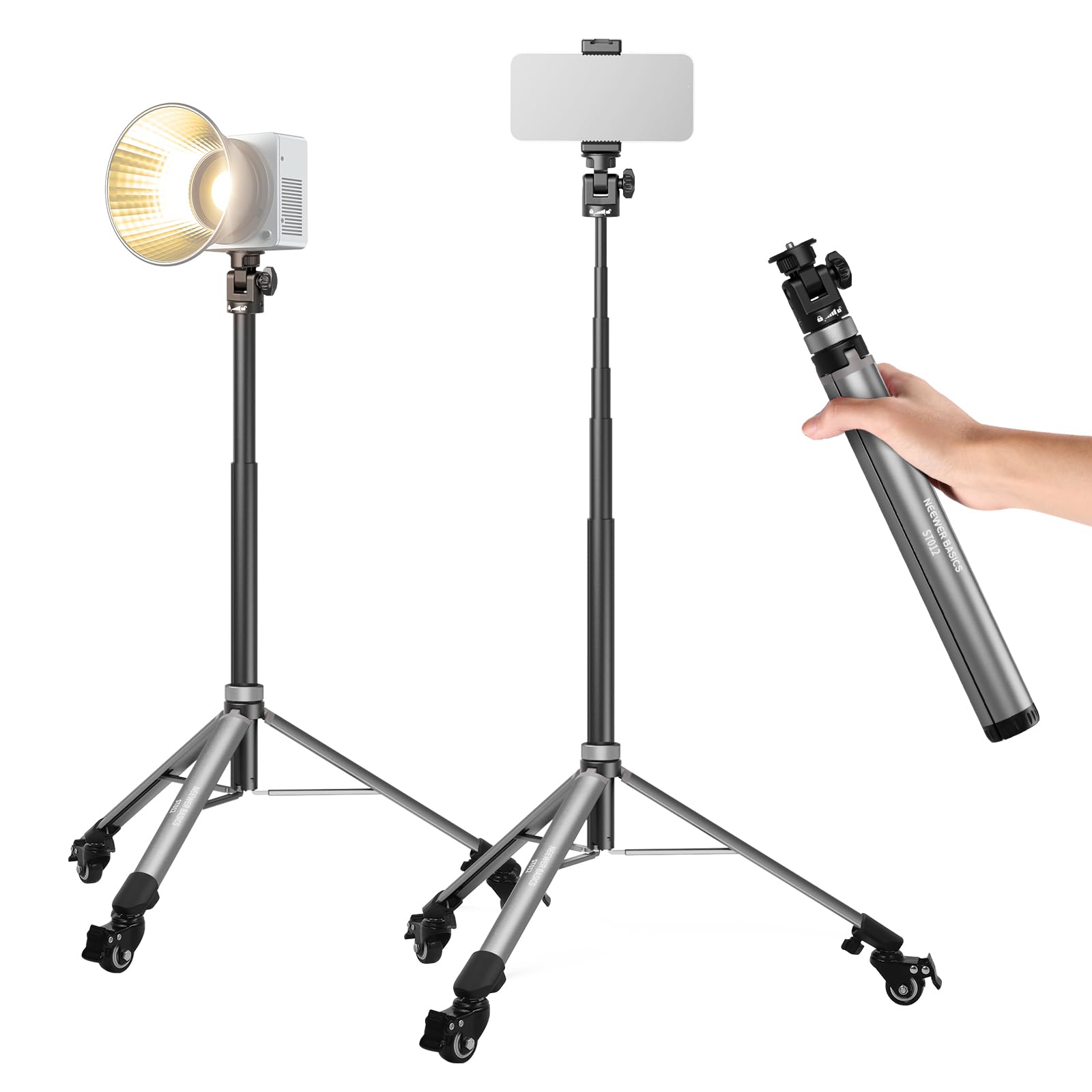 NEEWER BASICS ST012 Stojak na światło ze śrubą 1/4 cala i uchwytem na telefon, regulowany statyw ze stopu aluminium z odłączanymi kółkami do fotografii, oświetlenia wideo, telefonu komórkowego