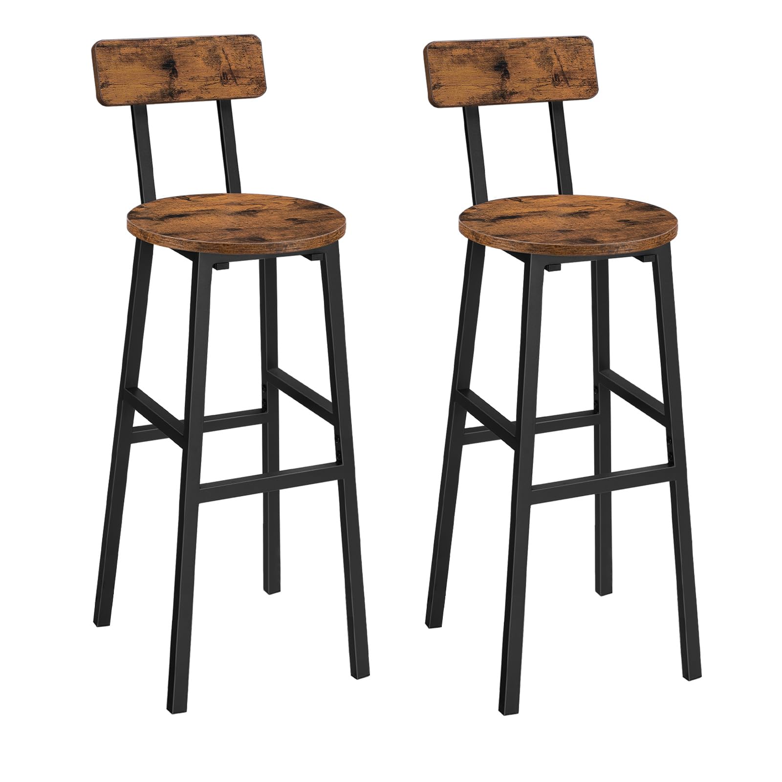 Bar Stools, Set of 2 Round Bar Chairs, 28 Inches BarStools with Back, Breakfast Bar Chairs with Footrest, Counter Bar Stools, for Dining Room, Kitchen, Bar, Rustic Brown BAHR27701