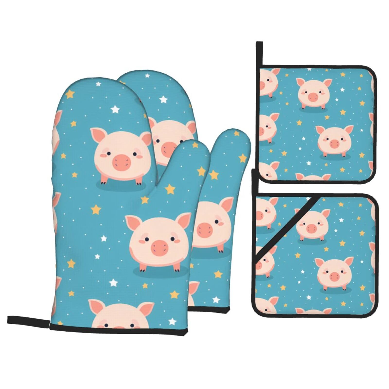 HJFCZH Animal Pig Picture Kitchen Baking Set of 4 Thick Insulated Oven Mitt & Pot Holders, Anti-Scalding for Microwave, Oven, Outdoor BBQ