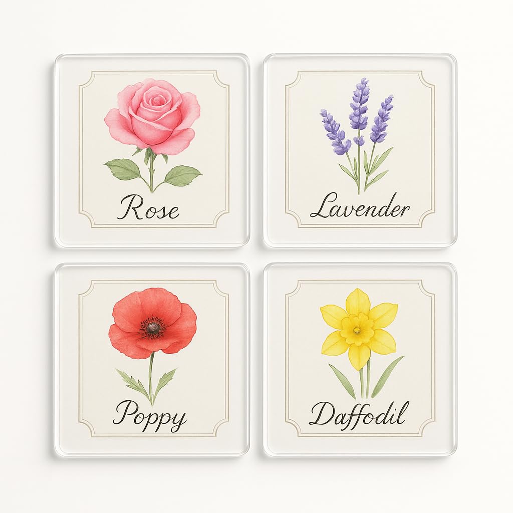 The Plum Penguin Blooming Heritage Acrylic Coaster Gift Set Of 4 With British Floral Watercolours - Mother's Day Home Decor For Mum & Grandma
