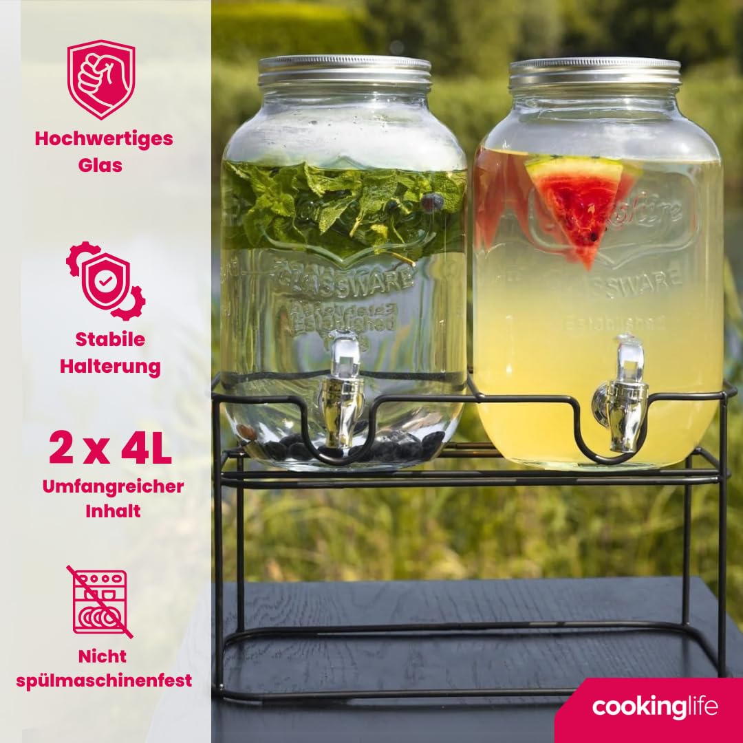 Cookinglife Getränkedispenser, Doppelt mit Ständer, 2 x 4 Liter, Glas und Stahl, Schwarz