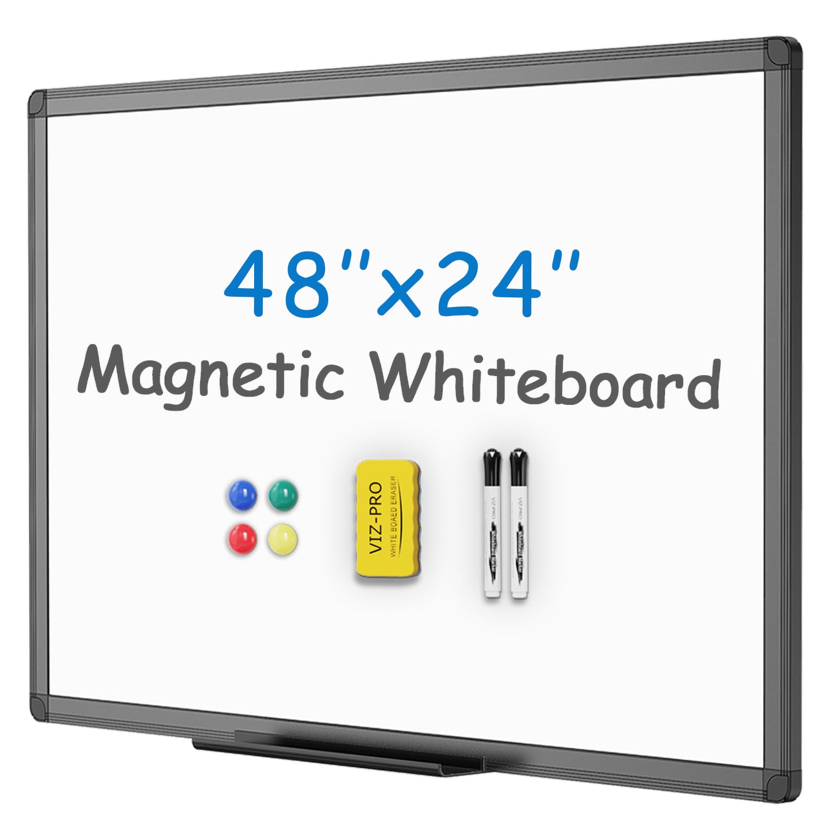 VIZ-PRO Magnetic Whiteboard/Dry Erase Board with Black Aluminium Frame, 48 X 24 Inches, Includes 1 Eraser & 2 Markers & 4 Magnets