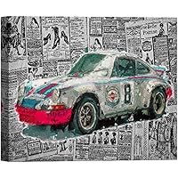 SIGNWIN Canvas Wall Art Classic Red Hot Rod Ford Roadster in Blue and Gray Strip Background Transportation Car Illustrations Realism Industrial Comic for Living Room, Bedroom, Office - 12x18 inches