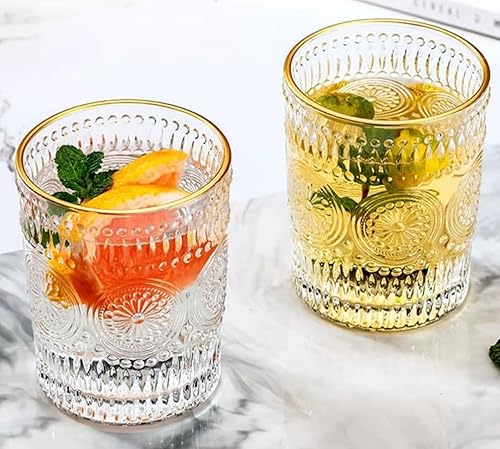 Juego de 2 vasos vintage de 10 onzas para beber de cristal transparente, bonitas tazas de vidrio con girasol en relieve para café helado, té, jugo,