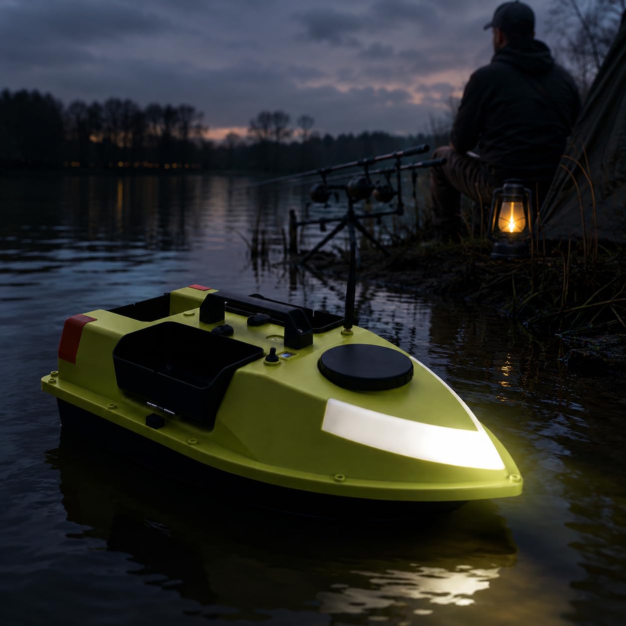 Barca da pesca con GPS, barca da esca radiocomandata, 600 m, portata 1,5 kg, 99 punti di posizione, doppio motore, luce notturna a LED, batteria 2 x 5200 mAh, barca da pesca impermeabile per