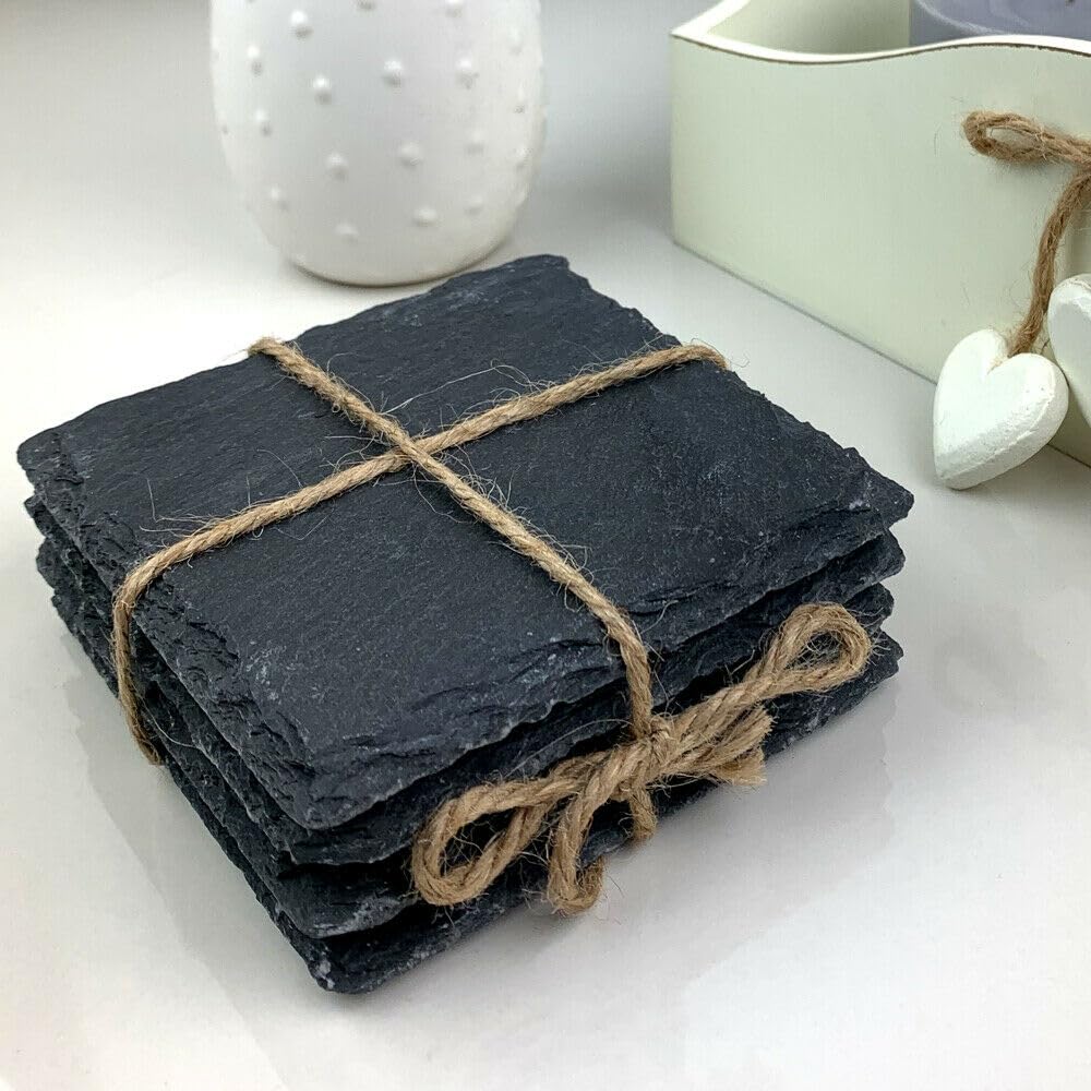 Slate Coaster Set 8 Square, 100% Natural Slate, Anti-Scratch Foam Feet, Great Gift Idea, Size: 10x10x1cm, Black