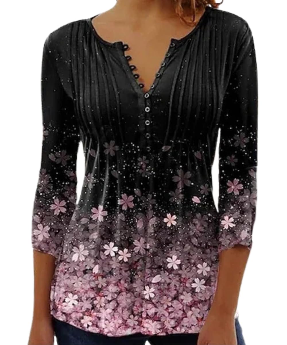 ABYOVRT Blusa de Mujer Camisa Elegante Manga 3/4 Cuello V Estampadas Camiseta Casual Holgada Verano,S-XXL