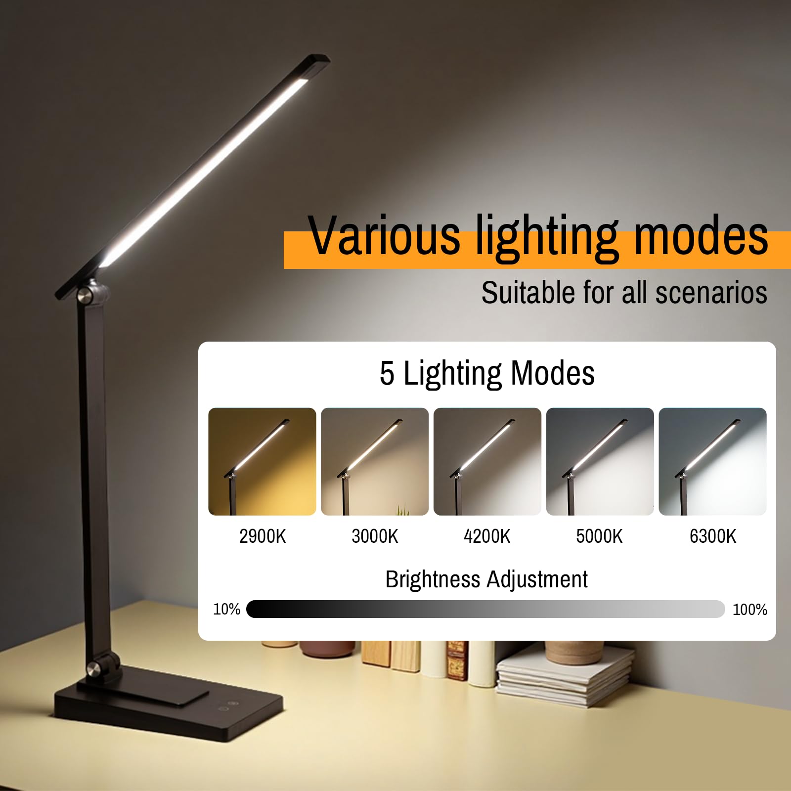 Lámpara Escritorio LED, 800LM 2600mAh Flexo LED Escritorio sin Cable, 5 Modos, 5 Niveles de Brillo Lámpara de Mesa Aluminio & Plegable con Puerto USB para Cama, Estudiar