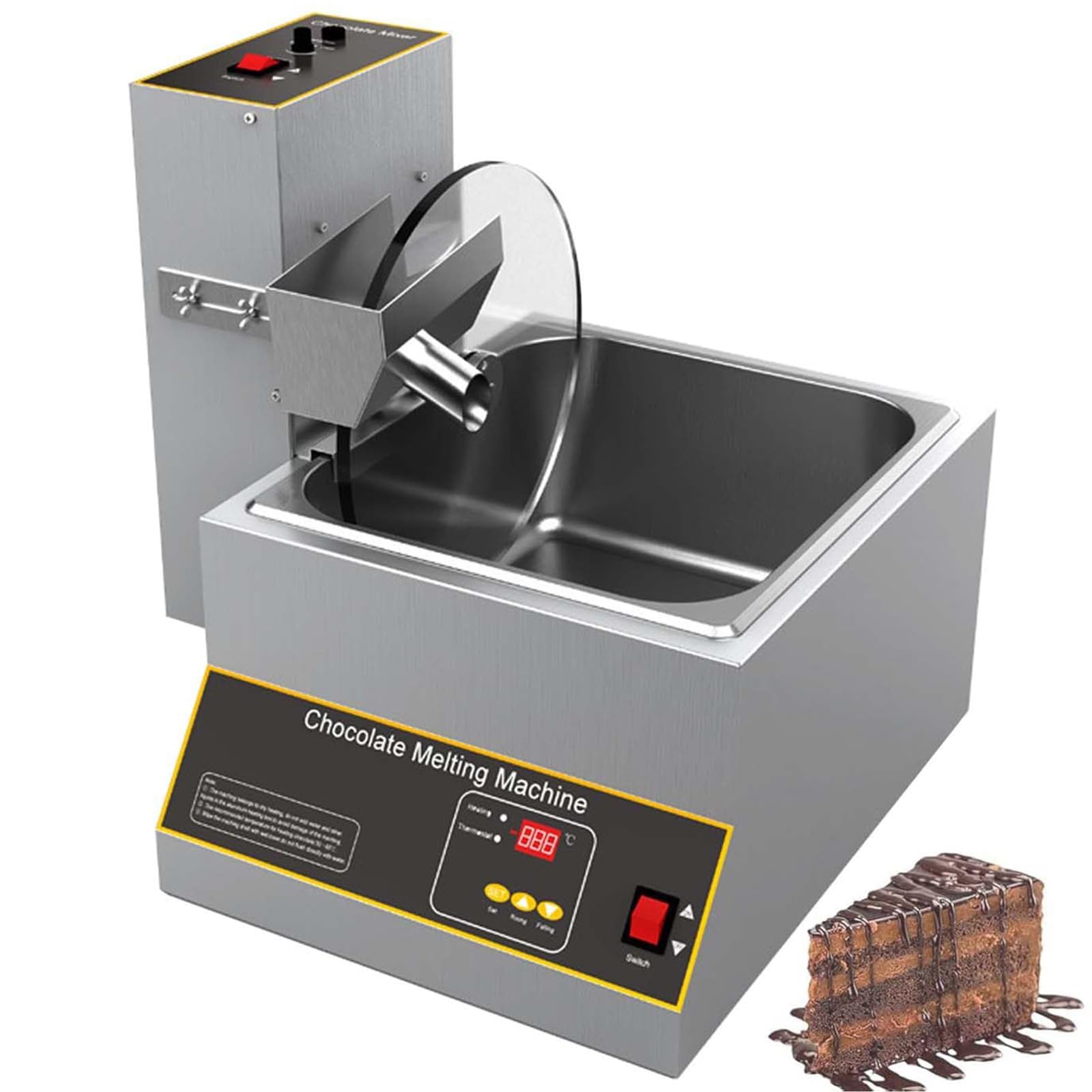 Máquina eléctrica de fusión de chocolate con batidora, capacidad de 12 kg, potencia de 500 W, control preciso de temperatura de 30 a 80 °C, diseño de acero inoxidable para uso doméstico y profesional