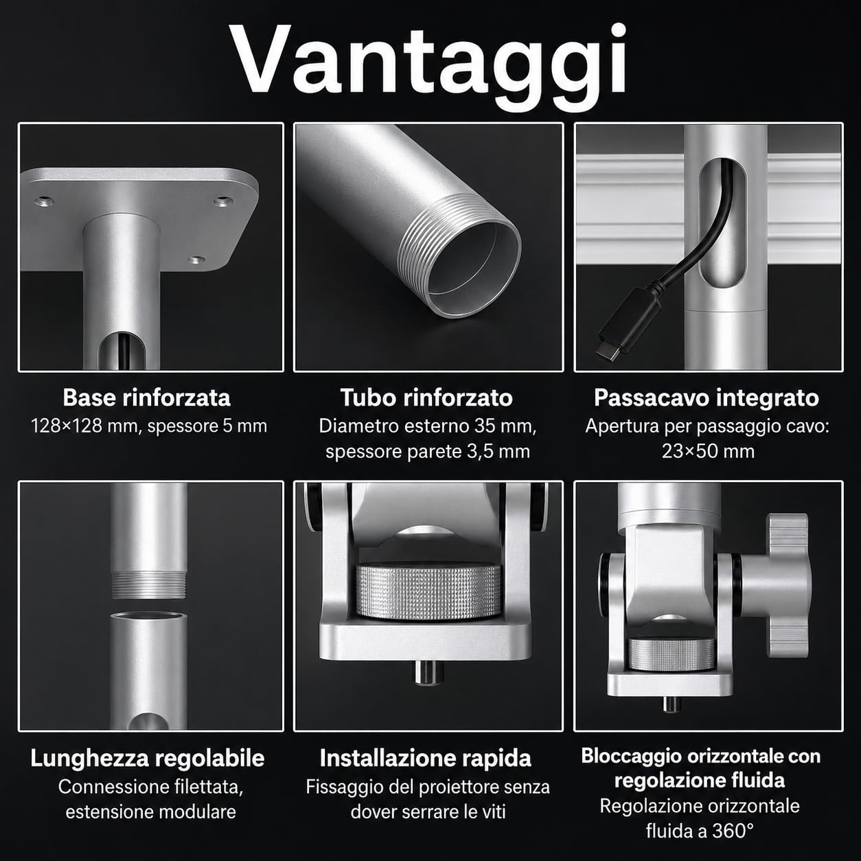 Staffa a Soffitto e Parete per Proiettore – Supporto Universale, Portata 10 kg, Regolabile 11-51 cm, Filettatura 1/4", Alluminio Al6063, Rotazione 360°, Cavo Nascosto, Argento