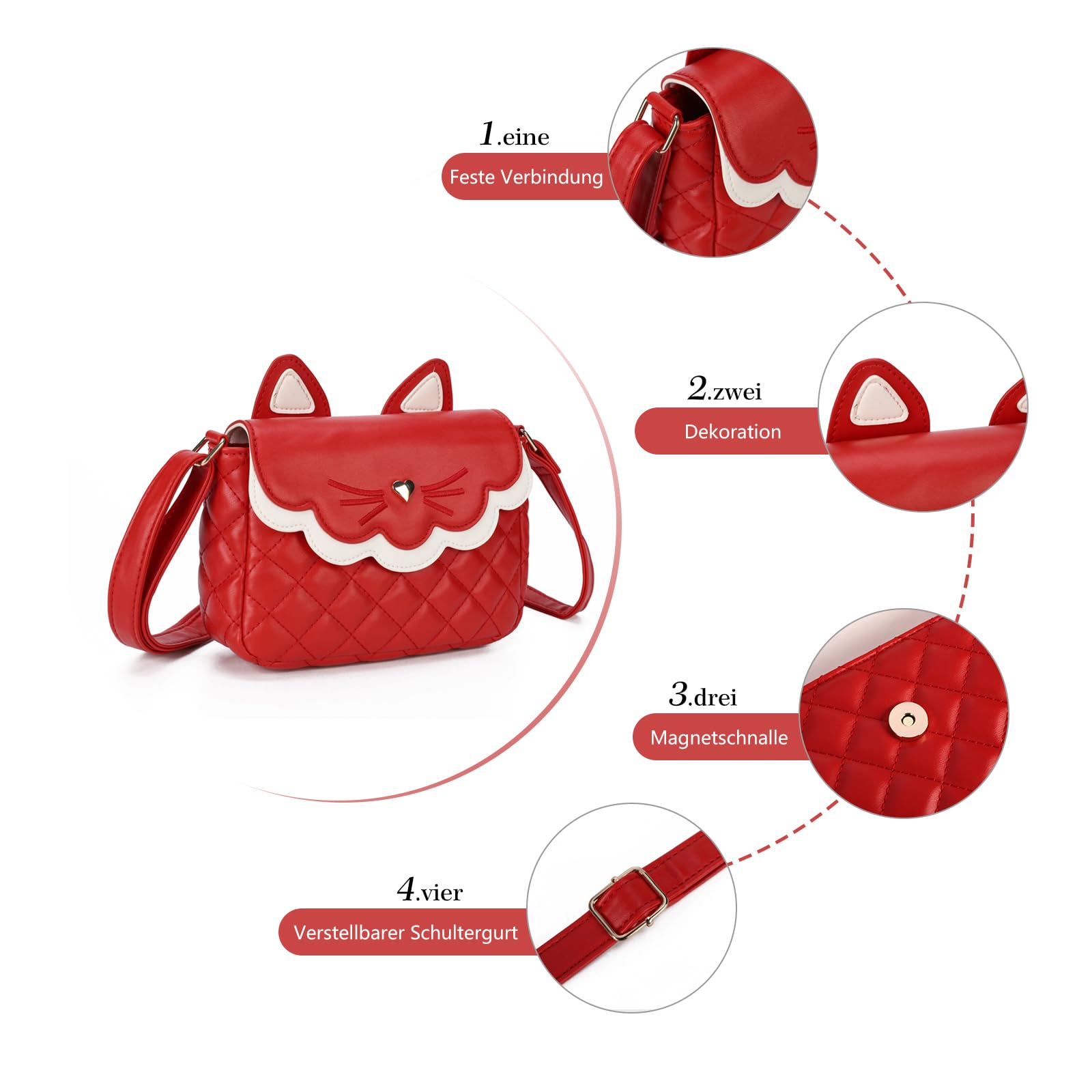 Gladdon Borsa a Tracolla per Ragazze Mini Borsa a Tracolla Borsa per orecchie di gatto Cute Princess Bag Borsa in pelle pura come regalo per ragazze, ragazzi e adolescenti Design originale(Rosso)