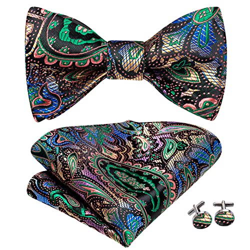 Image of Hi-Tie 5Pcs Mens Solid Color Silk Tie Satin Pretied Bowtie Lapel Pin for Men Handkerchief Cufflink Wedding Gift Box