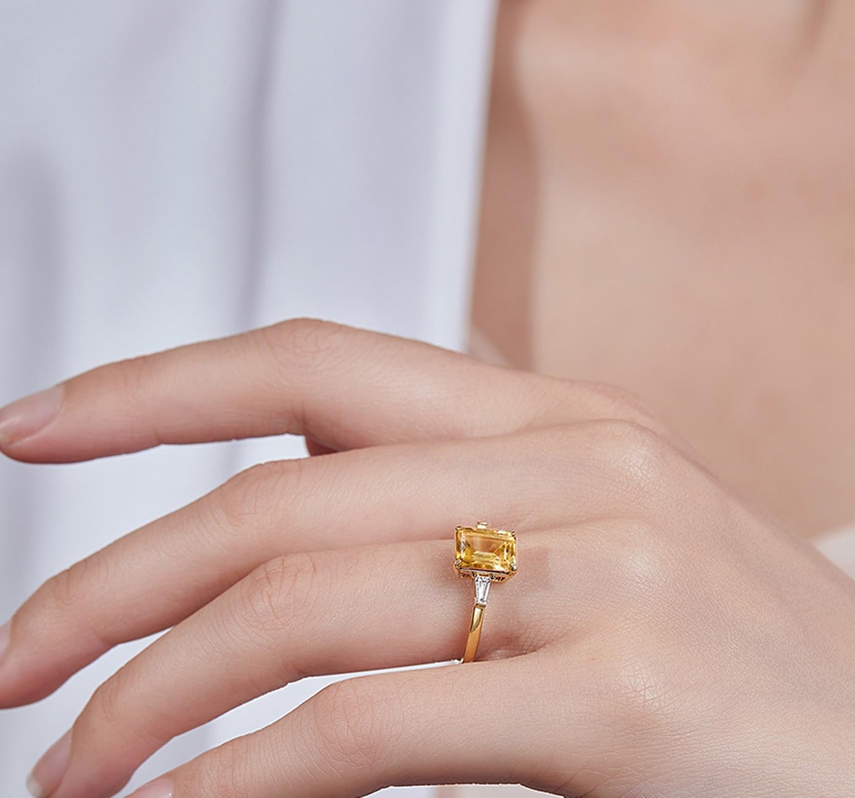 Bague Personnalisable Femme Bague pour Son Copain Or Jaune Poli avec Citrine Rectangulaire et Diamant Taille Solide Non Plaqué Élégant pour Sœur Fiançailles Bijoux