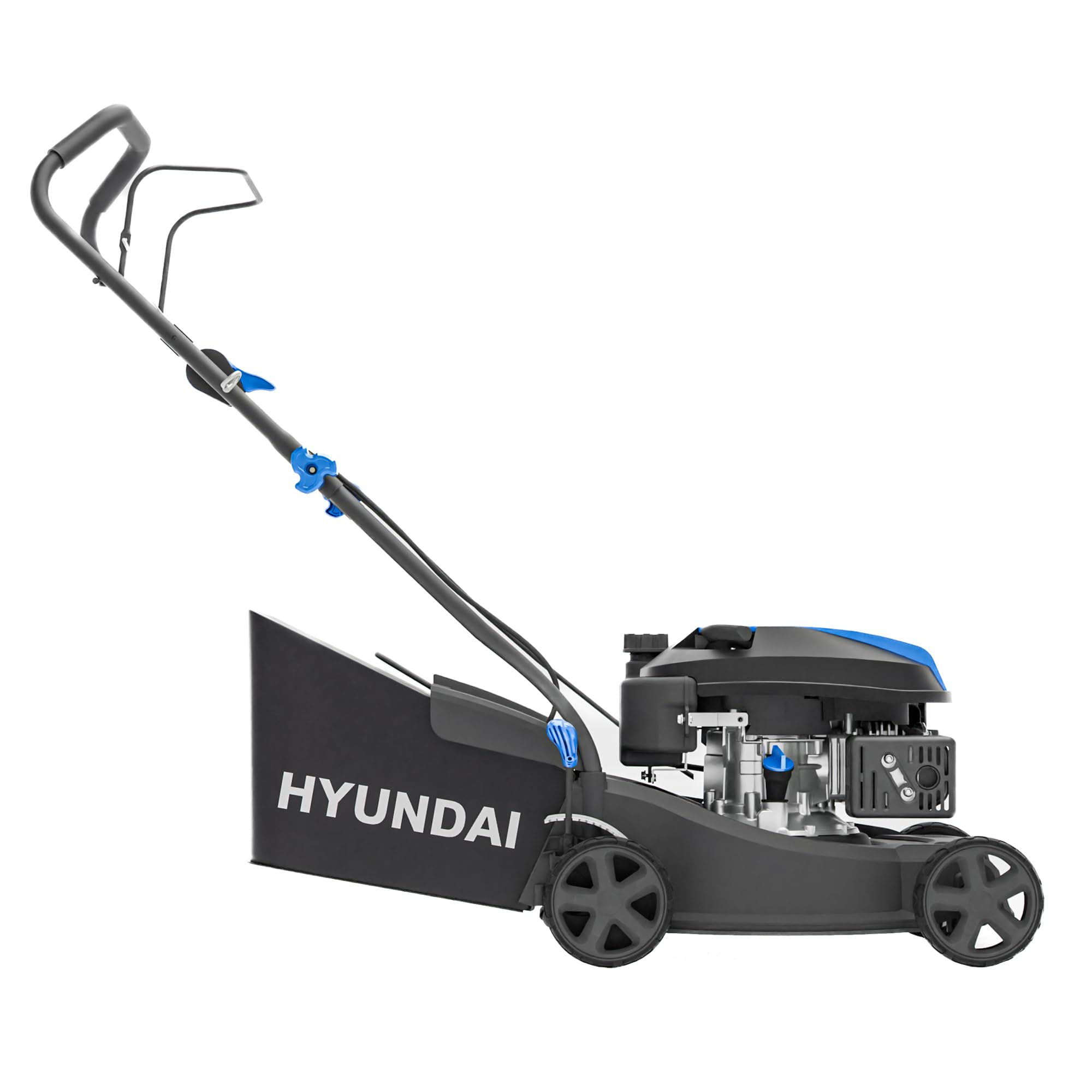 Hyundai Cortacésped de Gasolina, 16 Pulgadas de Ancho de Corte de 39 cm, Motor de 131 CC, Bolsa de Recogida de 35 L y Descarga Trasera, Empuje Manual, edición Negra