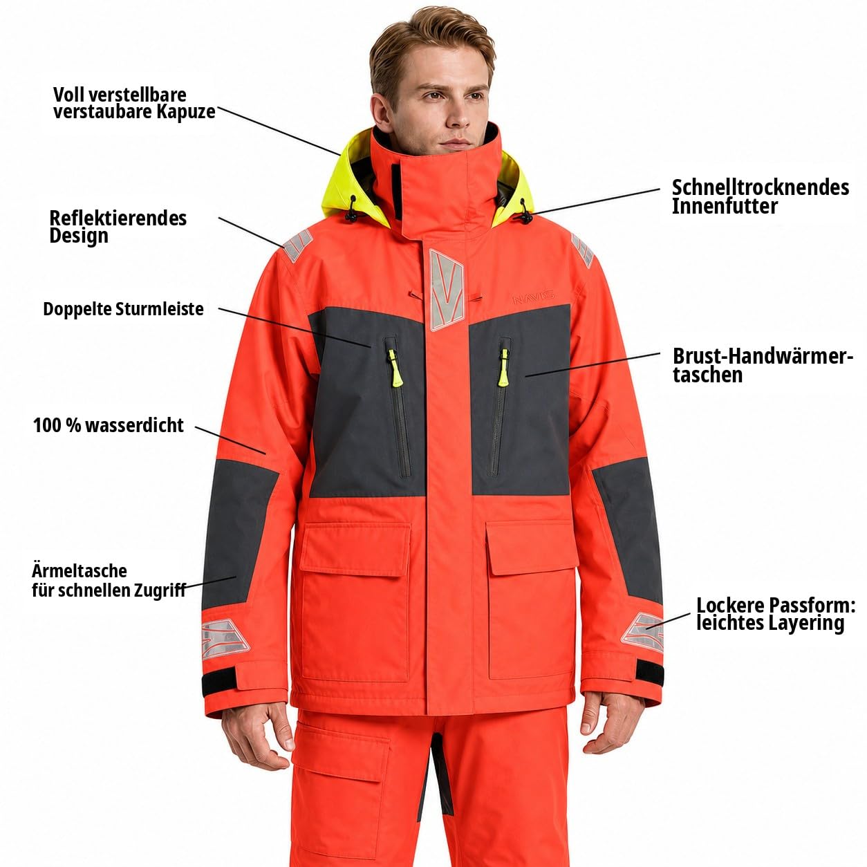 Herren Offshore Segelanzug 3-Lagen Wasserdicht Atmungsaktiv - Profi Segeljacke mit Neon-Kapuze & Reflektoren + Verstärkte Latzhose NS-547