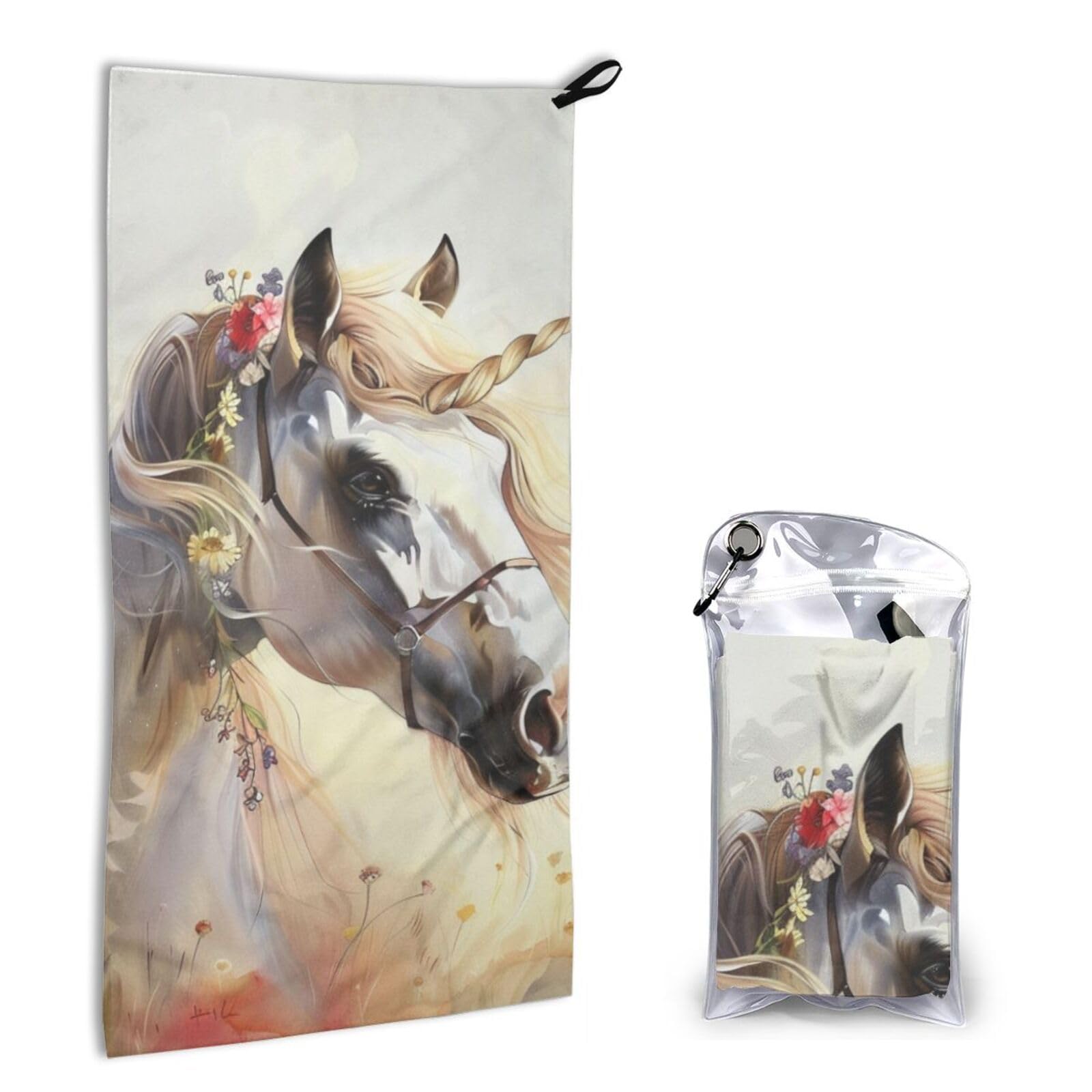 BWWHCCTI Quick Dry Hand Towel With Bag - Cute Horses Printed Super Absorbent Face Cloth Microfiber Travel Sports Towels 40x80cm