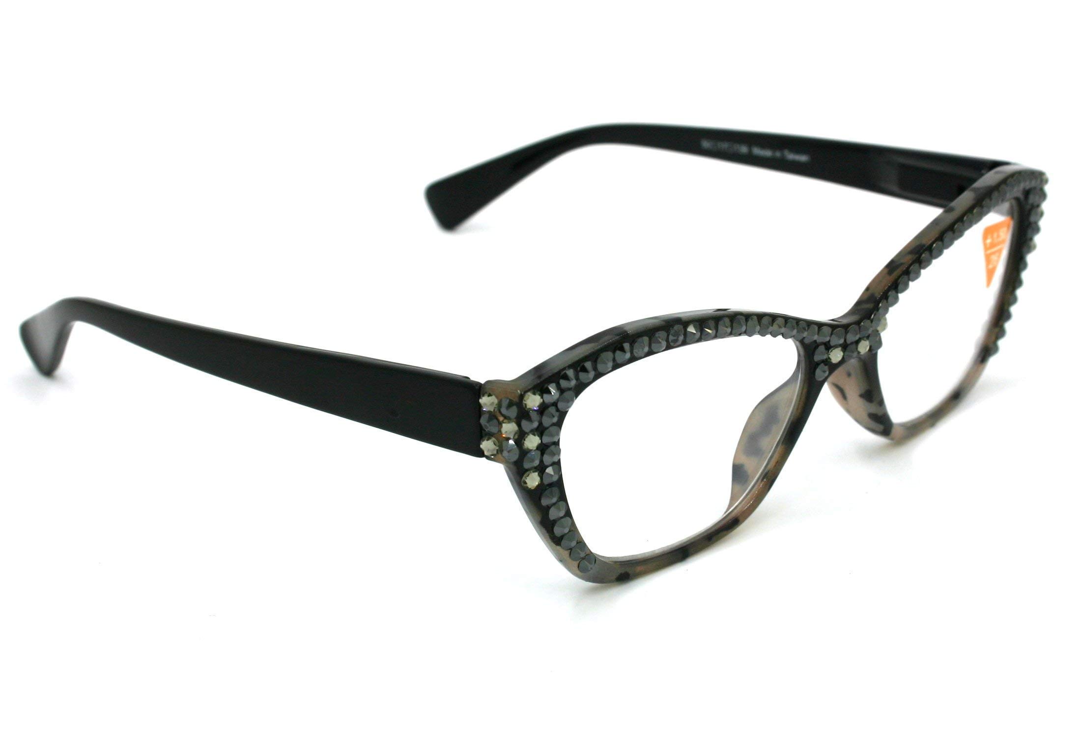 Jane, Women Reading Glasses Bling w Hematite n Black Diamond Genuine European Crystals. Black Tortoise, Full Top, Retro Cat eyes. NY Fifth Avenue.