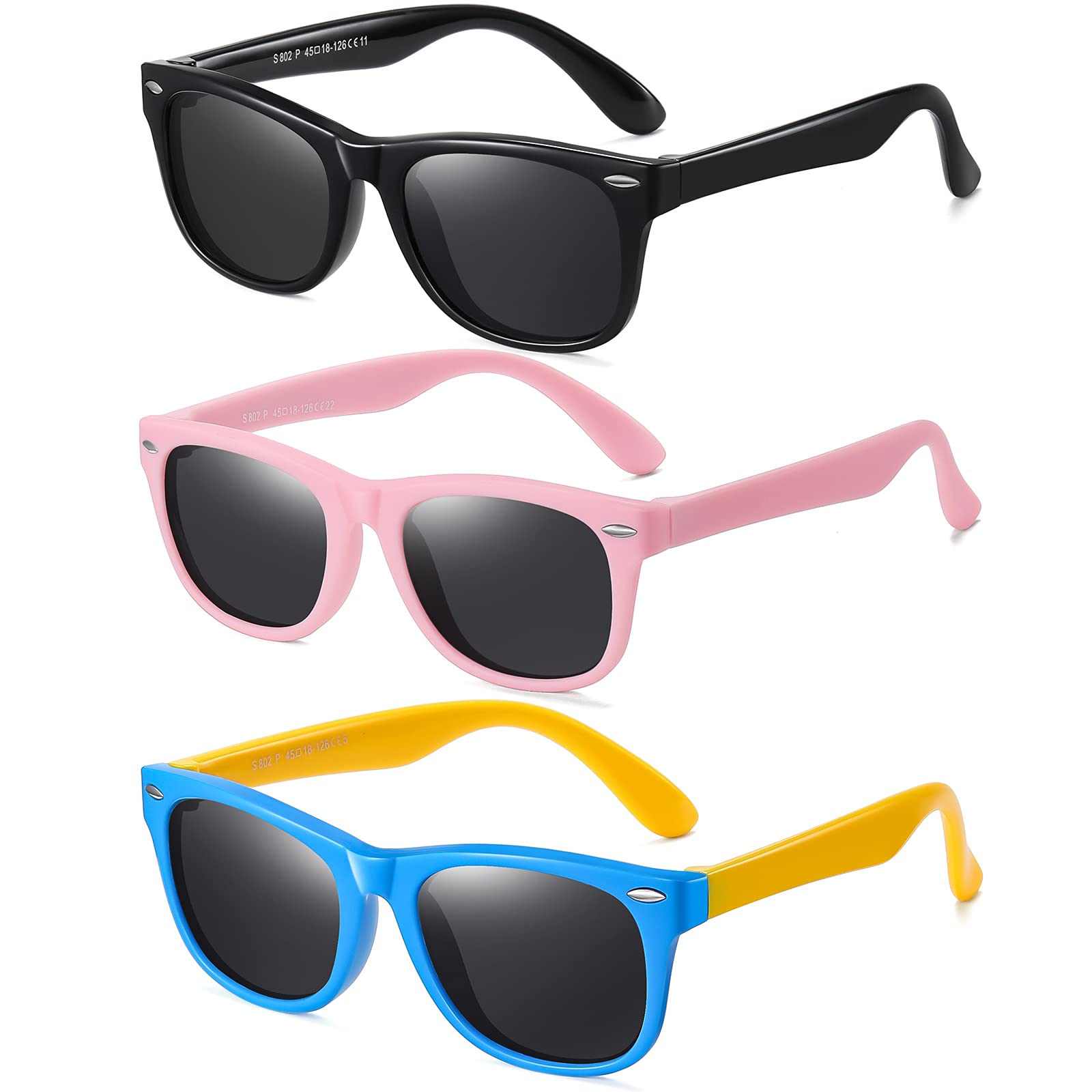 DYLB Kids Polarized Sunglasses for girls boys 3 Pack, Flexible TPEE Rubber Frame for Children Age 3-8.