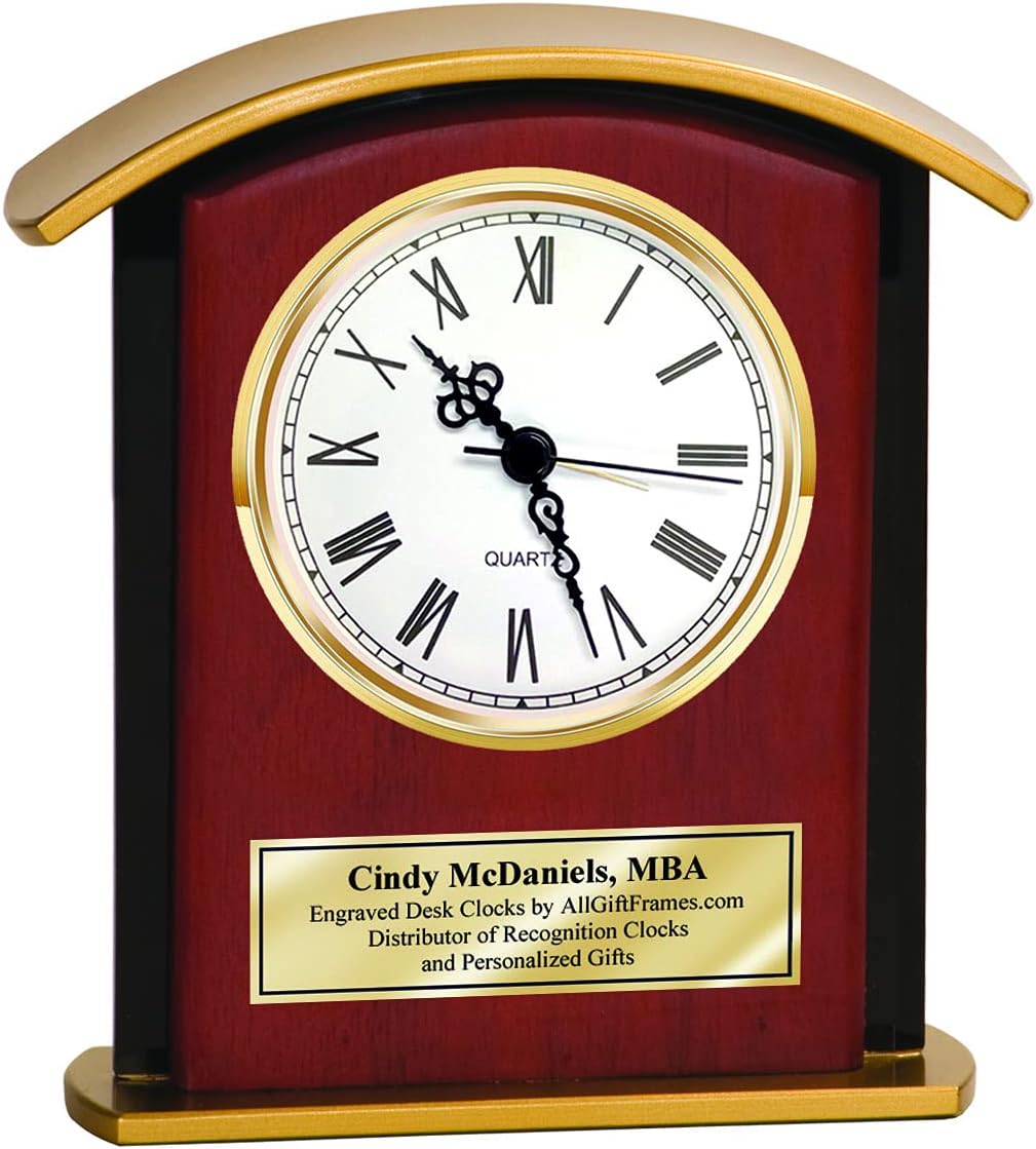 AllGiftFrames Personalized Clock Arch Gold Engrave Desk Black Glass Border Wood Retirement Service Award Present Gift Appreciation Corporate Business Recognition Employee Housewarming New Home