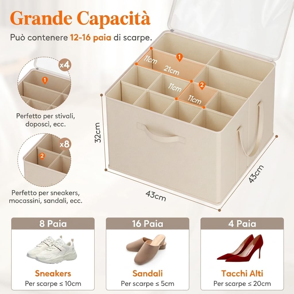 Lifewit Organizer Scarpe Armadio Pieghevole, Scatole per Scarpe Salvaspazio con Coperchio per 12-16 Paia, Shoes Organizer con Supporto Inferiore e Manici Rinforzati, Beige, Set di 2 per 24-32 Paia