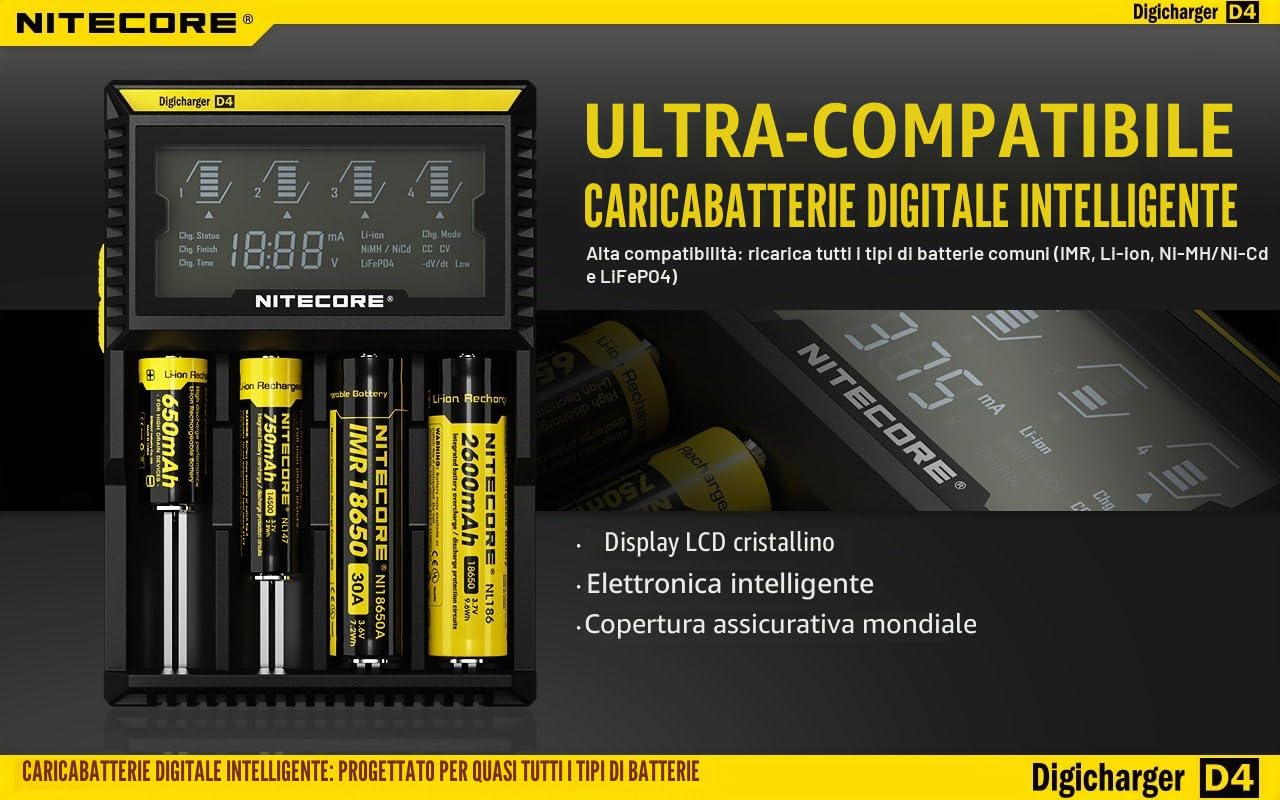 Nitecore - Caricabatterie Universale Digicharger D4 per Li-Ion, IMR, NiMH, Ni-CD, LiFePO4