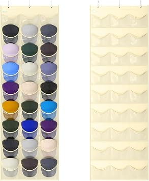 Baseball Hat Rack, 27 Pocket Over-The-Door Hat Organizer with Clear Deep Pockets to Display Baseball Caps Collection, Complete with 3 Over Door Hooks Beige, 27 Pockets