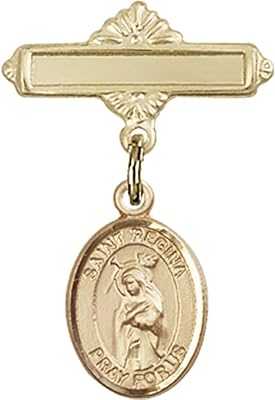 14kt Yellow Gold Baby Badge with St. Regina Charm and Polished Badge Pin 1 X 5/8 inches