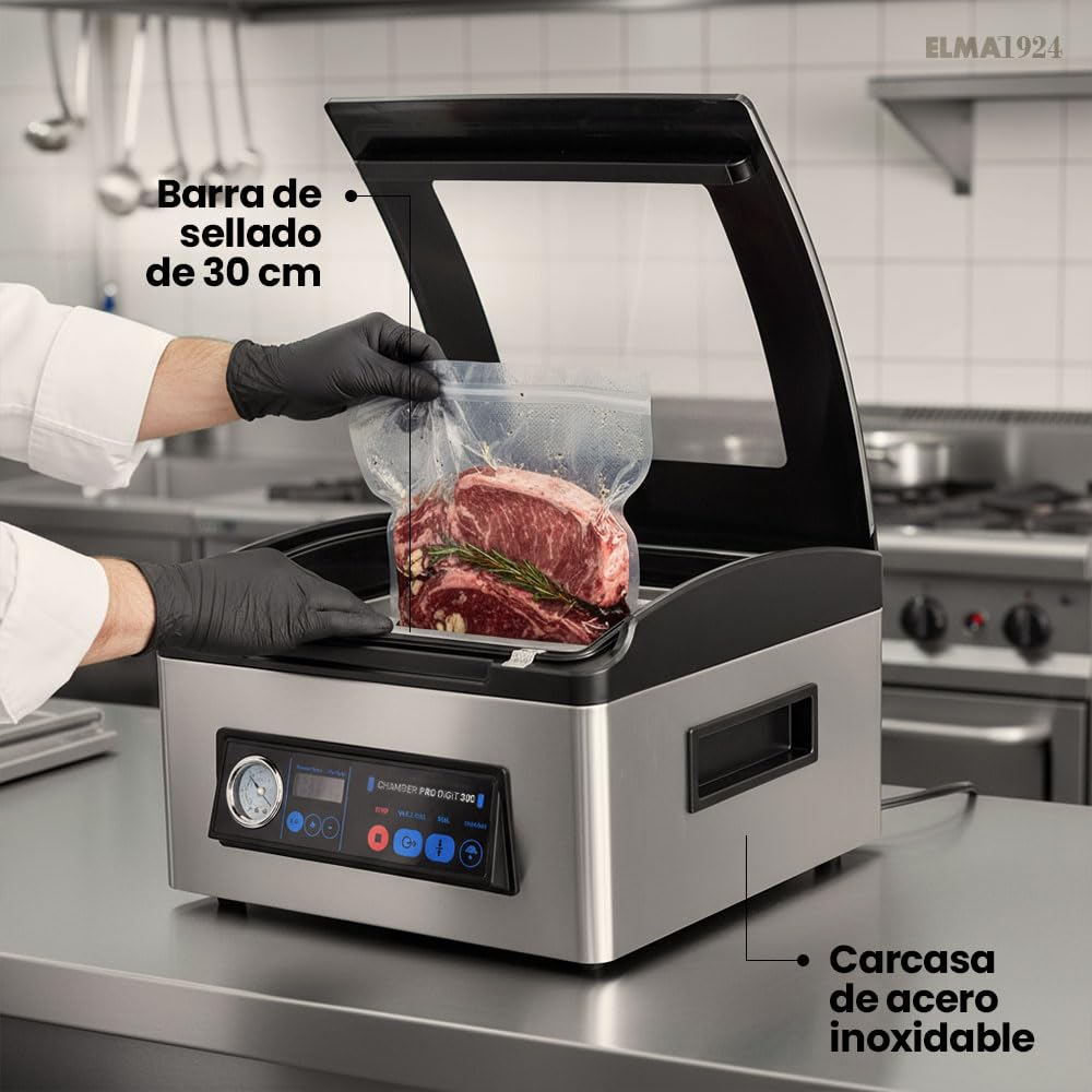 ELMA Envasadora al Vacío Profesional Chamber Pro Digit 300 | Uso Intensivo, Barra de Sellado de 30 cm, Permite Envasar y Sellar con Líquidos, 43 x 36 x 23.5 cm, 350 W, Incluye Bolsas al Vacío