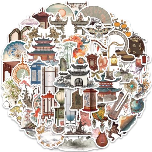 50Pcs Ancient Chinese Culture Architecture Waterproof Vinyl Stickers