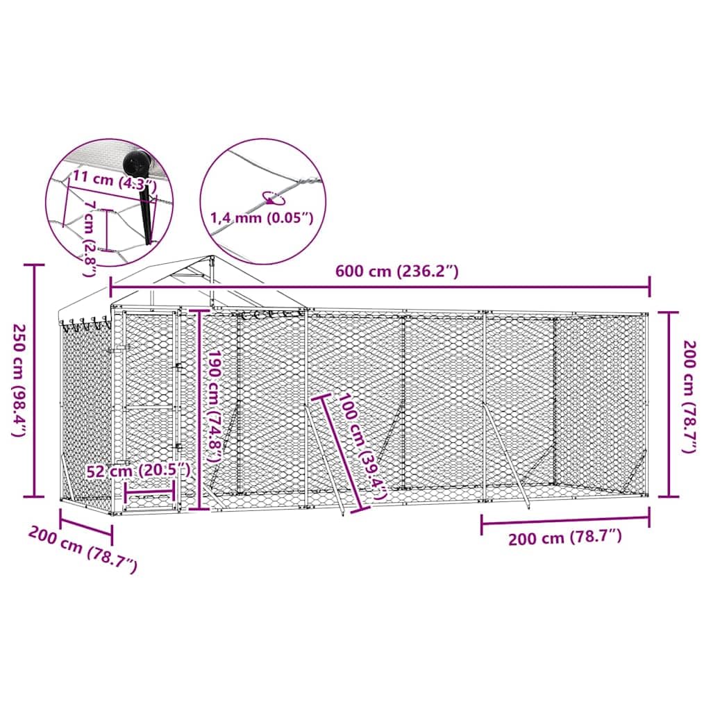 Perrera para perros al aire libre con techo de acero galvanizado, 6 x 2 x 2,5 m, resistente a la intemperie, con puerta con cerradura, ideal como cercado al aire libre, caño, recinto para