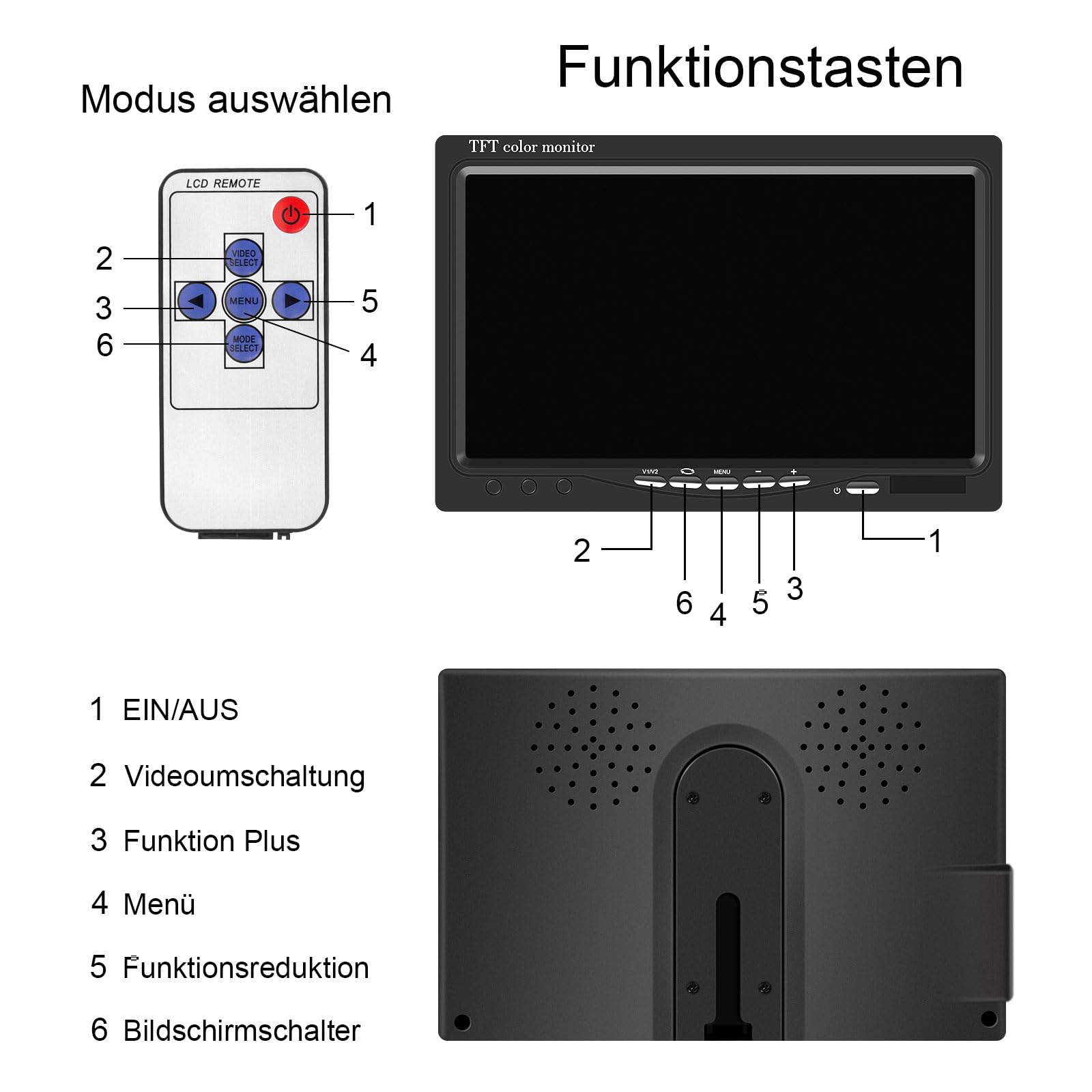 AISHICHEN Moniteur de Vision Arrière 7" TFT LCD pour Système de Caméra - Écran pour Berline, SUV, Van avec Deux Entrées Vidéo - Alimentation 12V/24V