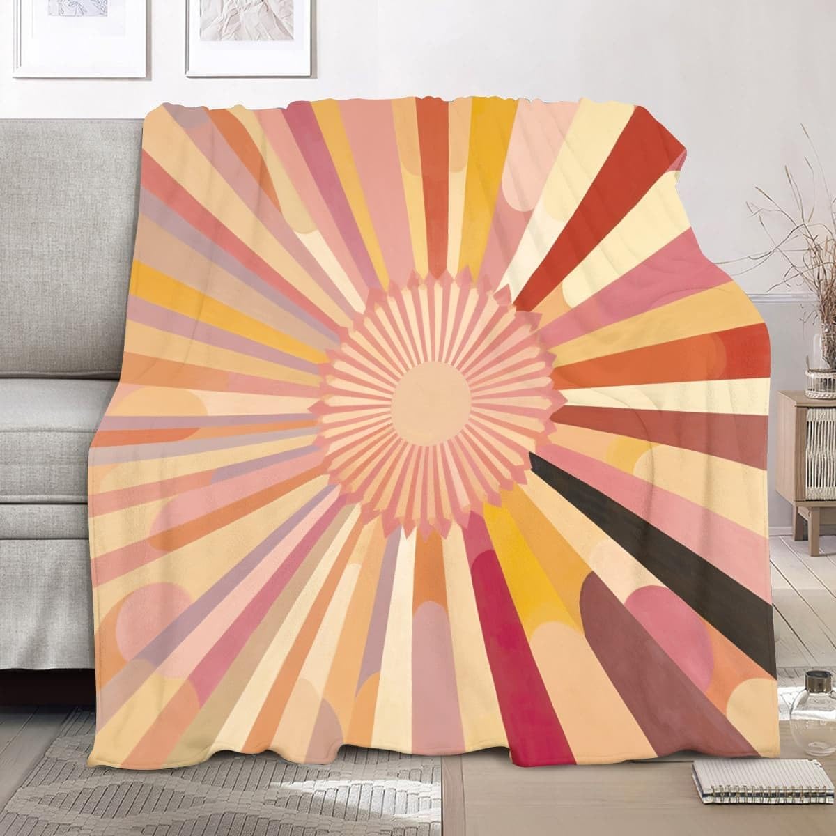 Lekki antystatyczny koc wełniany XXL 180 x 220 cm abstrakcyjne linie słońce super miękki flanelowy koc jasny kolor na łóżko sofa biuro ochraniacz na kolana łóżko samochód kemping plaża