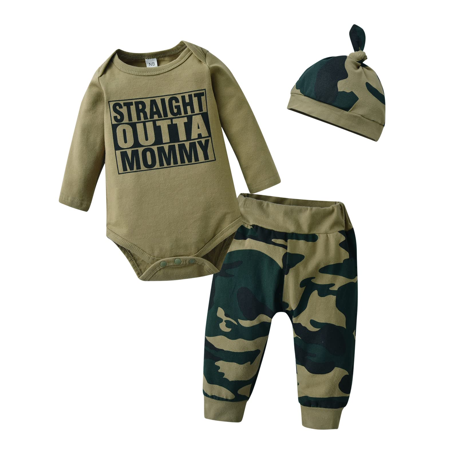 Newborn Infant Baby Boy Clothes Long Sleeve Romper Pants Hat 3PCS Outfits Set