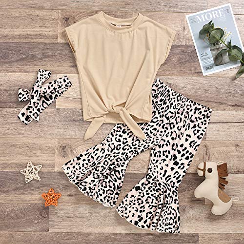 Toddler Kids Girl Leopard Bell Bottom Outfit Set Yellow Shirt Tops + Flare Pants Autumn Clothing Set (Leopard, 12-18 Months)