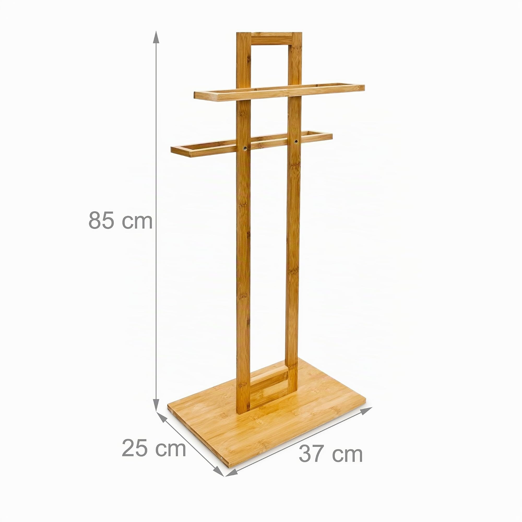 Relaxdays 10013083 Porte-serviettes sur pied en bois de bambou HxlxP: 85 x 37 x 25 cm 2 barres pour 2 serviettes salle de bain serviteur de chambre pour vêtements support pour serviettes, nature