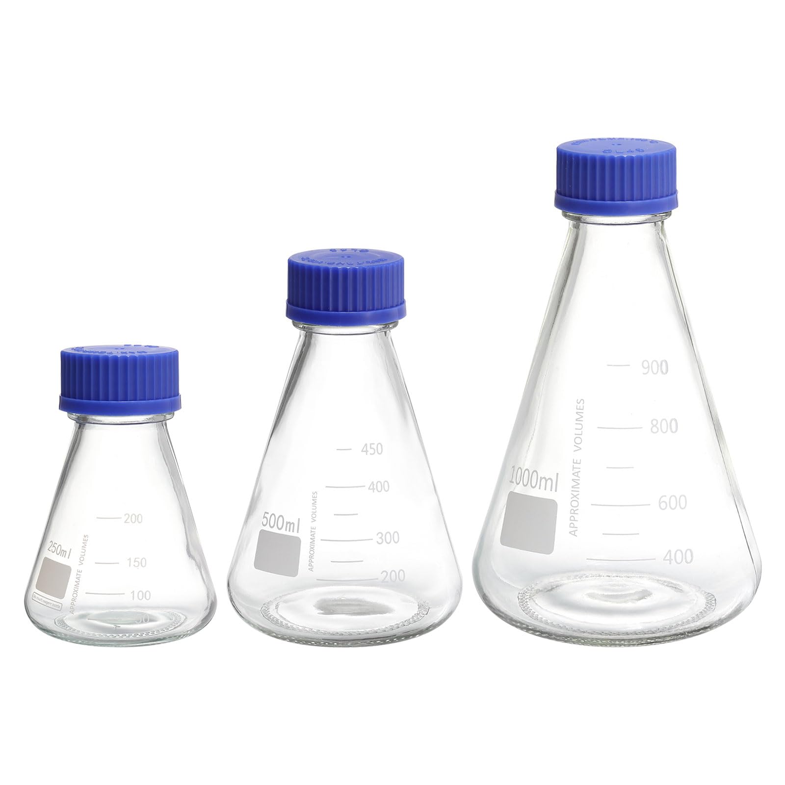 PATIKIL Set di Fiale Erlenmeyer, 3pz 250 Ml 500 Ml 1000 Ml Fiale Bocca Stretta Graduata Tappo Vite Vetro Borosilicato Graduazione Stampata Esperimenti Laboratorio, Chimica Scientifica