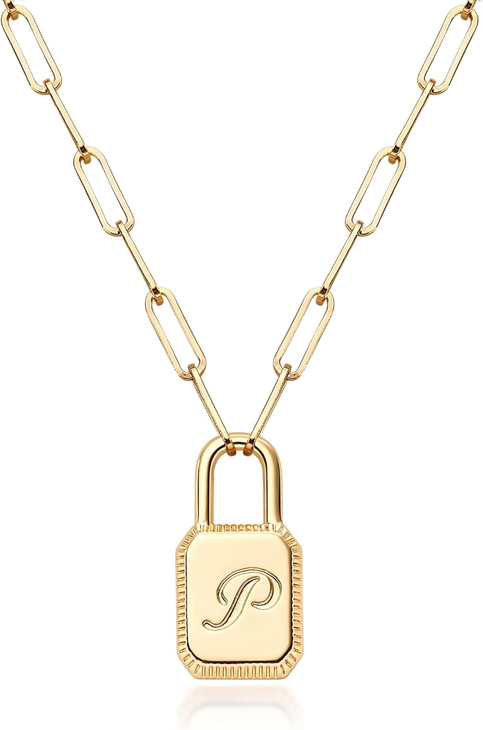 Initial Lock Necklace For Women 14K Gold Plated Dainty Paperclip Padlock Pendant Necklaces Personalized Letter A-Z Jewelry