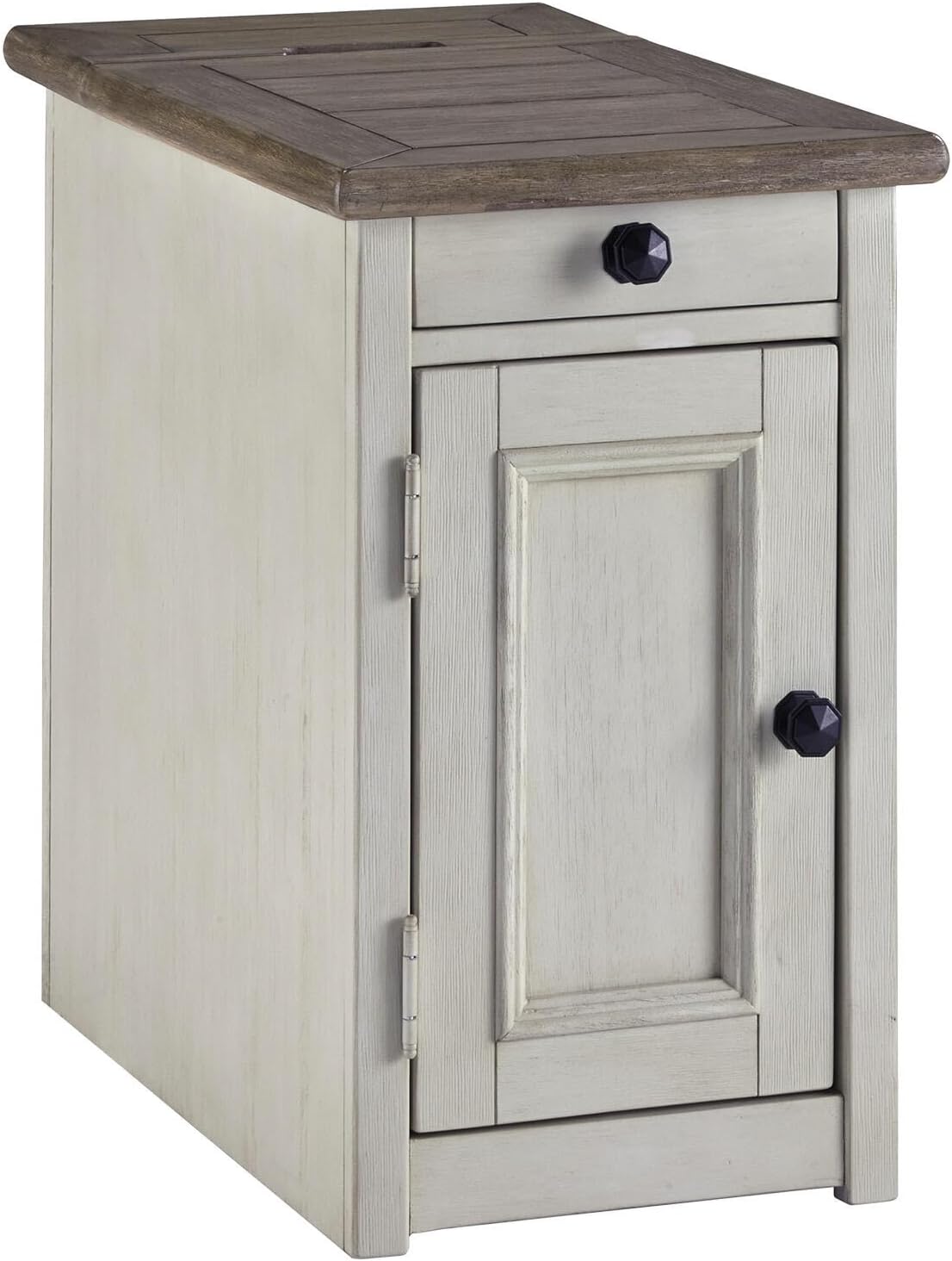 Bolanburg Farmhouse Chair Side End Table, 2 USB Ports, Pull-out Tray, Wood, 14" W x 24.25" D x 23" H, Antique Cream & Brown