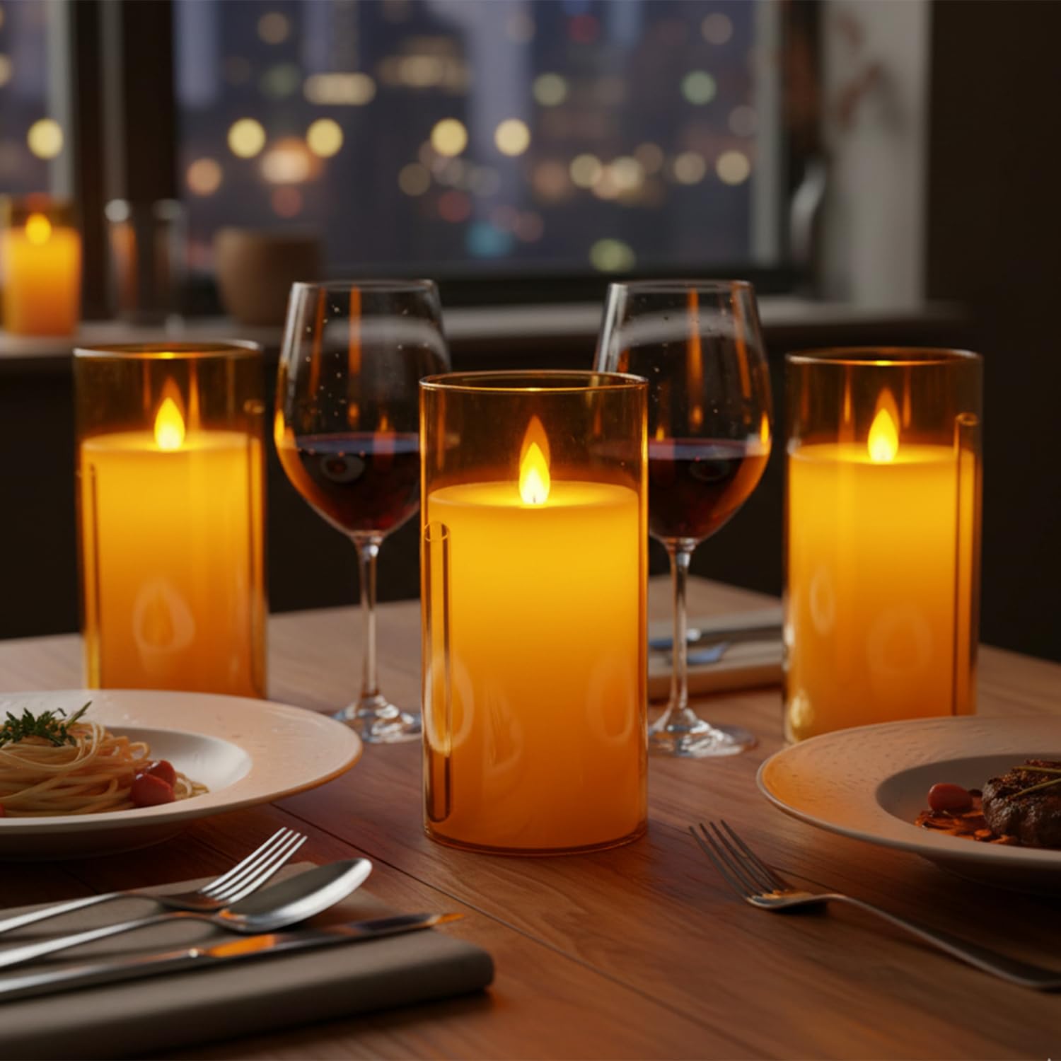 LTETTES LED Glass Cup Pillar Candle | Real Wax | Flameless Electric Candles with Flickering Faux Wick | Amber Color Glass | Battery Powered with Remote Controller for Home Decor (H-6" x D-3")